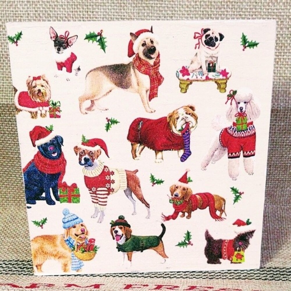 HAND CRAFTED MINI WOOD SIGN/CHRISTMAS DOGS DECOUPAGE/TIERED TRAY SHELF DECOR